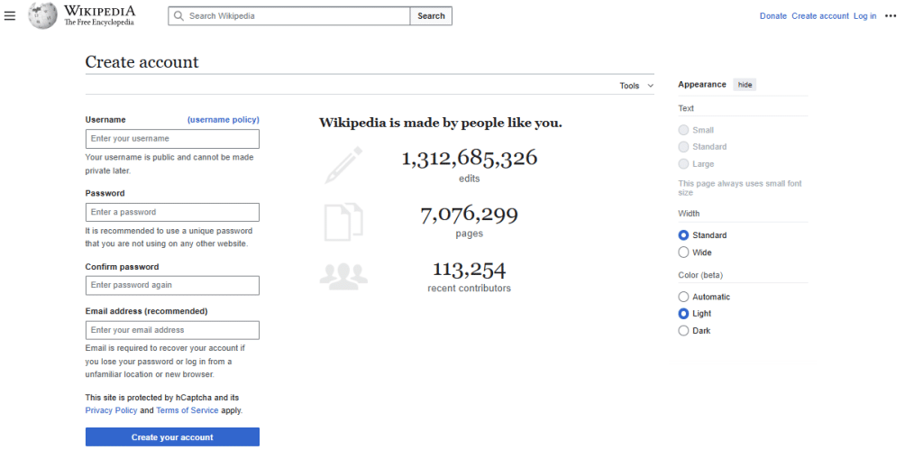 Wikipedia create account
